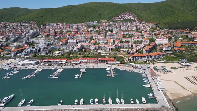 Aerial view of Dinevi Marina yacht port in Sveti Vlas resort, Bulgaria