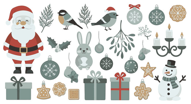 Flat vector Christmas icon set featuring Santa Claus, snowman, forest birds, rabbit, gingerbread cookies, gift boxes, baubles, mistletoe, and candles in muted winter colors.