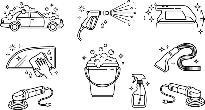 Car wash and detailing line icon set featuring pressure washer foam bucket window wiping vacuum cleaner polishing buffer