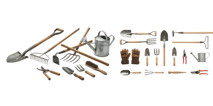 A Set of gardening tools collection with shovels rakes forks trowels pruners watering cans gloves and cultivators isolated on white background PNG

