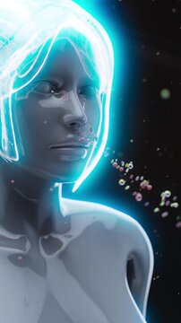 Conceptual 3D animation of a woman breathing molecules and bacteria in vertical format
