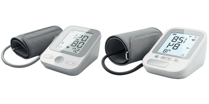 A Set of digital blood pressure monitor devices, medical arm cuff sphygmomanometers with large LCD screens for home health care PNG illustration
