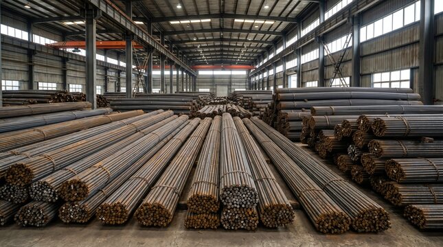 Industrial warehouse with stacked steel reinforcing bars ready for construction projects