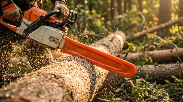 Professional logger cutting timber with chainsaw close up action
