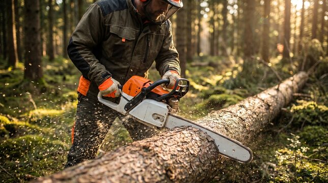 Forestry worker cutting fallen tree with chainsaw in forest
