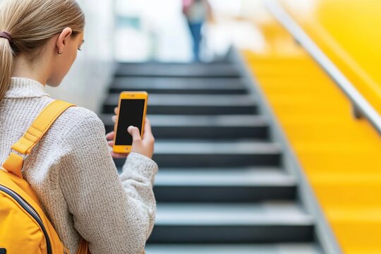 Schoolgirl with yellow backpack texting on smartphone by the indoor staircase in a public area