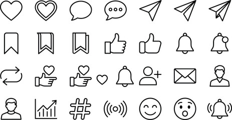 Social media interface line icon set featuring heart comment paper plane bookmark notification bell profile and like symbols © MdShakib