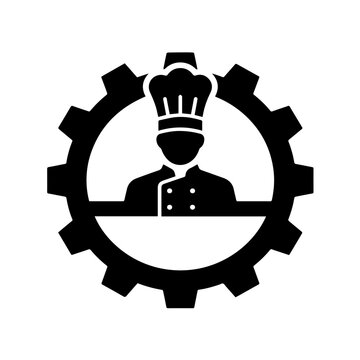 Chef in gear icon, cooking service concept, food industry symbol