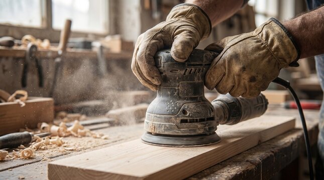Orbital Sander Finishing Wooden Plank