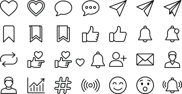 Social media interface line icon set featuring heart comment paper plane bookmark notification bell profile and like symbols