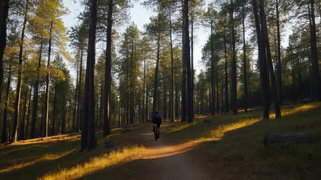 Cyclist riding away on winding dirt trail through sunlit pine forest