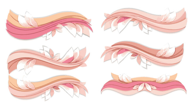Set of six abstract paper-cut style graphic headers with wavy layered shapes, decorative leaf motifs, and soft pink, peach, and white color gradients isolated on a white background.