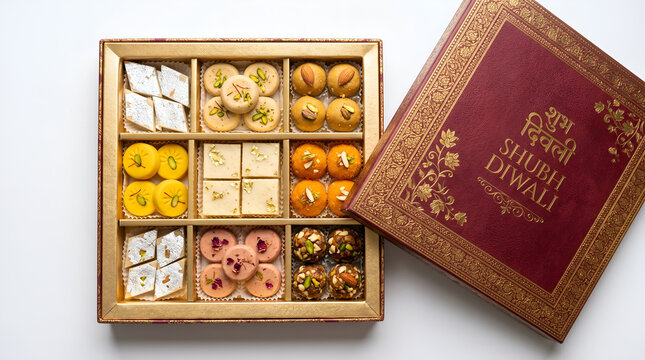 Top view of an open premium Shubh Diwali sweets gift box with assorted traditional Indian mithai