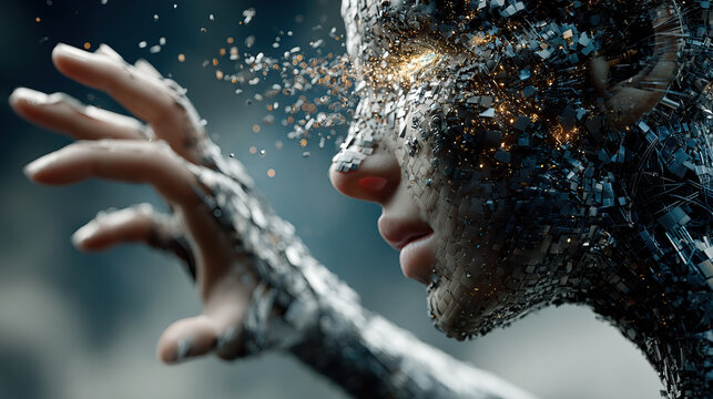 Disintegrating human face with particles dispersing into air, illustrating digital transformation, data loss, or identity fragmentation for technology and psychology concepts