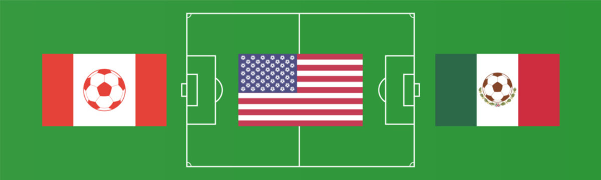 Vector fantasy flags with soccer balls. Football field markings. Graphic canadian, american and mexican banners. Championship. Sports game. Symbols and signs