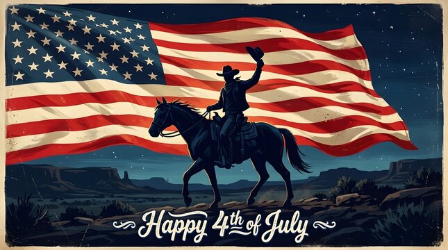 Patriotic cowboy riding horse with american flag on 4th of july
