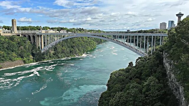 International bridge over turquoise river connecting two countries surrounded by green cliffs motion.