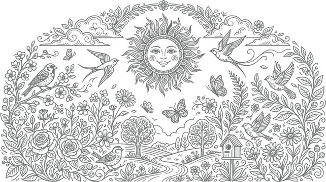 Whimsical illustration of a smiling sun surrounded by birds, butterflies, flowers, and trees in a beautiful garden scene with a birdhouse and winding path.
