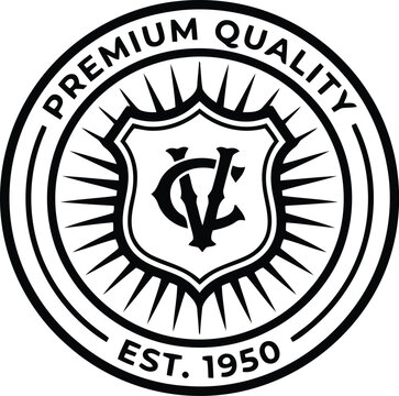 Elegant black and white circular emblem featuring the words premium quality and est 1950 surrounding a shield with intertwined VC monogram signifying establishment and excellence