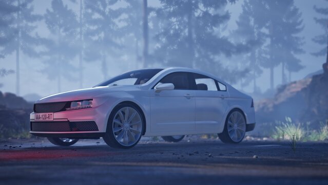 "White luxury sedan car 3D CGI renders from multiple angles on Iceland-style mountain roads, pine forest, rocky cliffs and foggy misty landscapes in cinematic lighting."