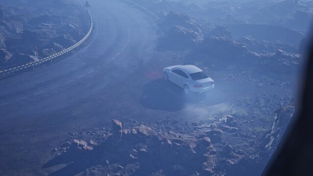 "White luxury sedan car 3D CGI renders from multiple angles on Iceland-style mountain roads, pine forest, rocky cliffs and foggy misty landscapes in cinematic lighting."