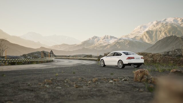 "White luxury sedan car 3D CGI renders from multiple angles on Iceland-style mountain roads, pine forest, rocky cliffs and foggy misty landscapes in cinematic lighting."