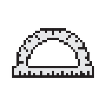 Protractor pixel art vector icon. Back to school or geometry lesson concept 8 bit retro style illustration of half round ruler for measuring angles.
