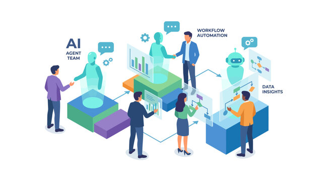 AI Agent Team Isometric Illustration with Business People Monitoring Automation and Data Insights