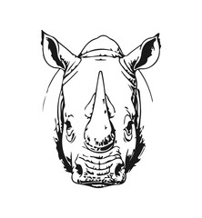 Simple hand drawn rhino head wild animal front view sketch, engraved rhinoceros african fauna illustration clip art © Leg_IO