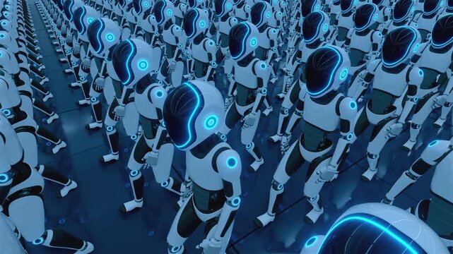 Endless 3d animation loop of a futuristic humanoid robot army walking together. Concept of mass automation, artificial intelligence taking over and technology workforce in a sci-fi cyber world.