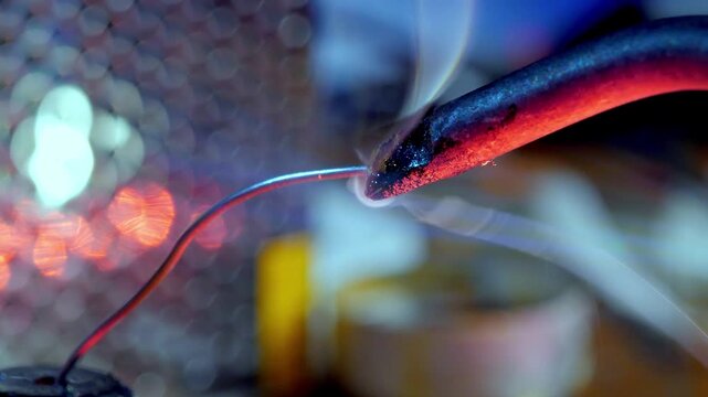 Closeup of Soldering Iron Tip Melting Solder Wire on Workshop Background. Electric Repair Process Emits Smoke from Flux Component. Engineering Maintenance Service of Hardware Microchip 4k