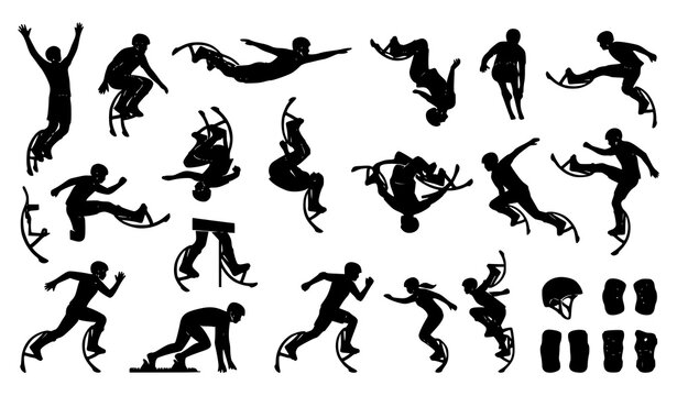 Bocking jumping stilt athlete silhouettes vector set isolated on white