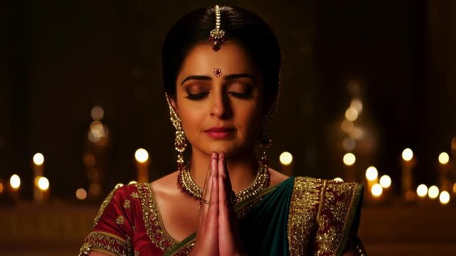 Elegant woman in traditional attire performing a prayer with closed eyes. A moment of spirituality and cultural reverence illuminated by candlelight