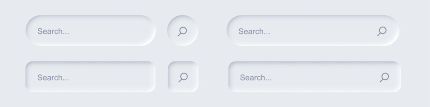 Neomorphic search bar set. SEO background. Rounded panels with search fields and magnifier symbols on light background. Modern vector illustration in neomorphism style for digital marketing solutions.