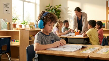 Fototapeta premium Child with curly hair wearing blue headphones focuses on a workbook at a desk in a classroom, with a teacher assisting students in the background