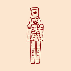 Obraz premium Cozy Christmas whimsical vintage doodle illustration of toy nutcracker in sketch style. Hand drawn quirky illustrations. Linear style. Cute coquette vector red design illustration of wooden nutcracker