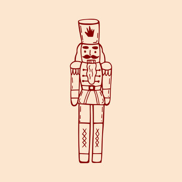 Cozy Christmas whimsical vintage doodle illustration of toy nutcracker in sketch style. Hand drawn quirky illustrations. Linear style. Cute coquette vector red design illustration of wooden nutcracker