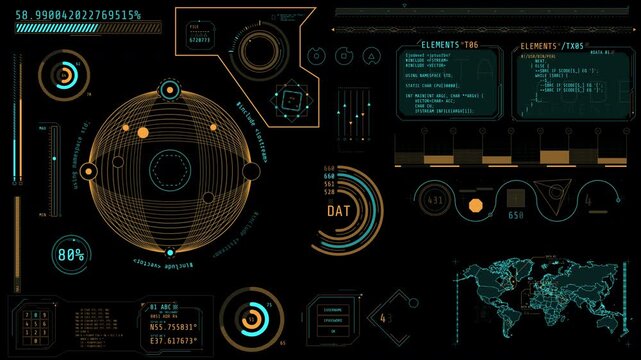 Animated high-tech screen with monitoring and navigation features