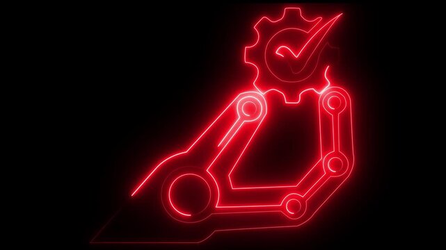 Glowing neon line Hand settings gear icon isolated on brick wall background. neon hand up on gear in tick mark animated.