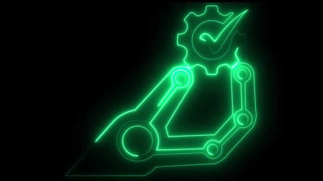 Glowing neon line Hand settings gear icon isolated on brick wall background. neon hand up on gear in tick mark animated.