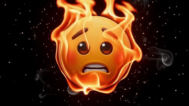 Sad emoji face engulfed in intense orange flames and smoke motion footage featuring a three dimensional digital character expressing deep sorrow while burning against a dark black background creating 