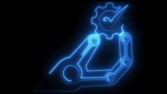 Glowing neon line Hand settings gear icon isolated on brick wall background. neon hand up on gear in tick mark animated.