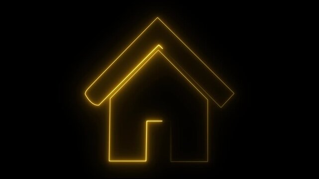 Home button icon animation by neon on black background. Neon home button icon animation, shiny symbol. on transparent background.