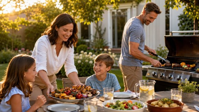Family gathering in backyard with grill, woman serving skewers, man cooking, children enjoying meal, outdoor dining table with salads and drinks visible