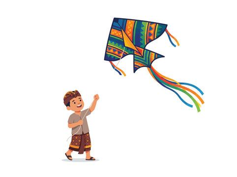 Vector illustration of a young Balinese boy in traditional clothing and udeng headband flying a colorful geometric patterned kite with long streamers on a white background.