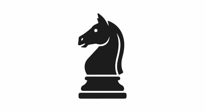 A stylized black chess knight piece on a white background, graphic icon