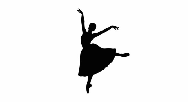 A black silhouette of a ballet dancer in a graceful pose against a white background