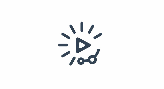 A dark blue play button icon with emanating rays and a small circle with a line connecting to another circle below