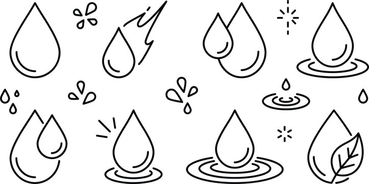 Water drop line icon set featuring ripples splashes eco leaf fire fuel oil and clean liquid vector symbols.