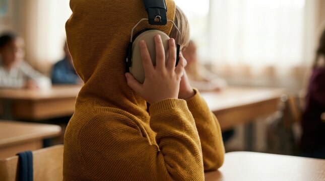 Child wearing noise-canceling headphones in a classroom setting, seated at a wooden desk with classmates visible in the background, engaged in a focused learning environment